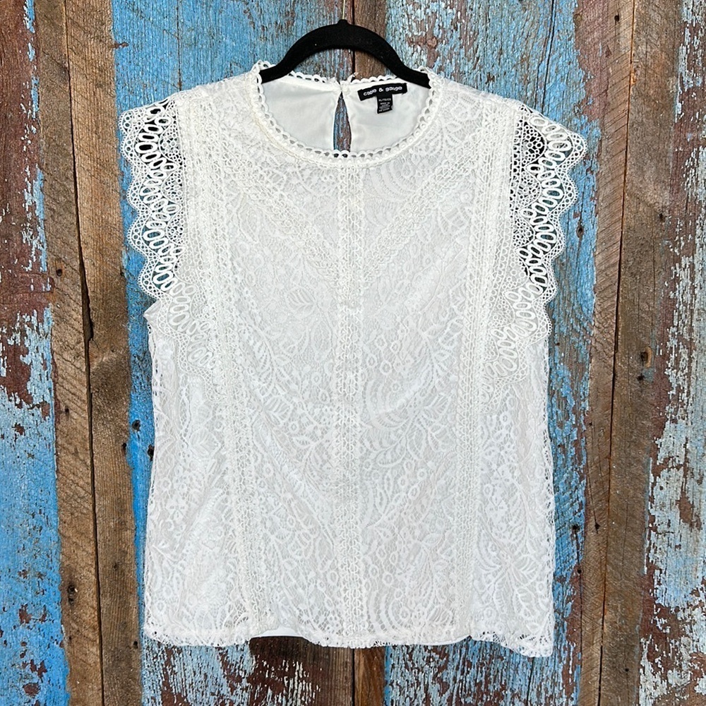 Cable & Gauge Boho Blouse Preppy Festival White Lace Overlay Size XL
